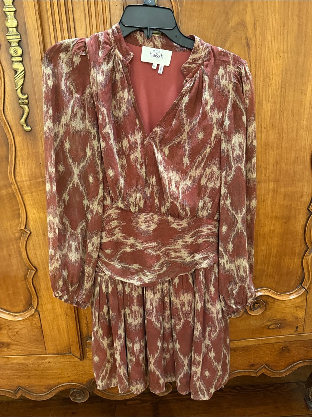 ba&sh Rust and Cream Ikat-Print Long Sleeve Wrap Dress